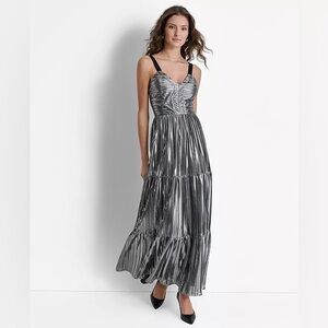 DKNY Women's Foil Plissé V-Neck Sleeveless Maxi Dress